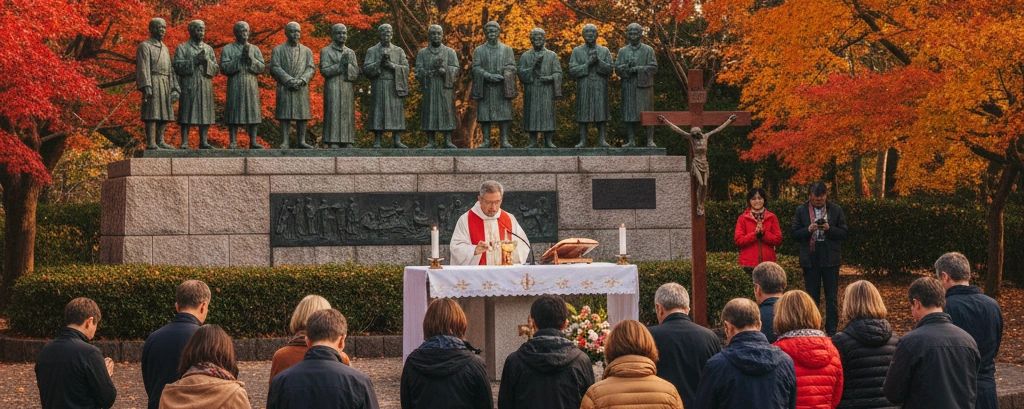 Illustration of Catholic pilgrims attending an outdoor Mass beside a martyrs memorial in Japan